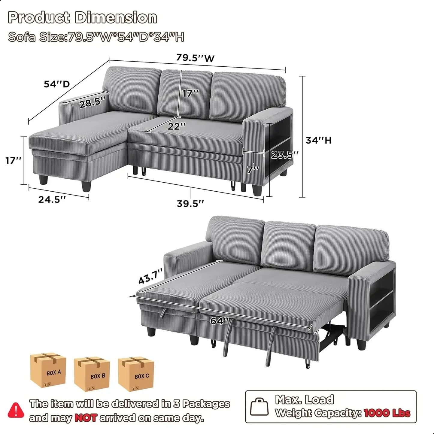 80” Convertible L-shaped Sleeper Sofa with Bookshelves and USB Charging Port