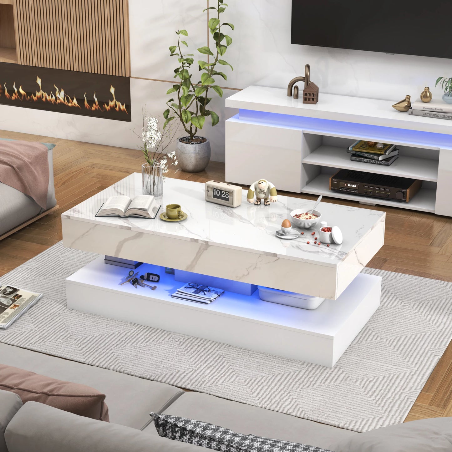 Modern Stylish Coffee Table with LED lights and 2 Storage Drawers