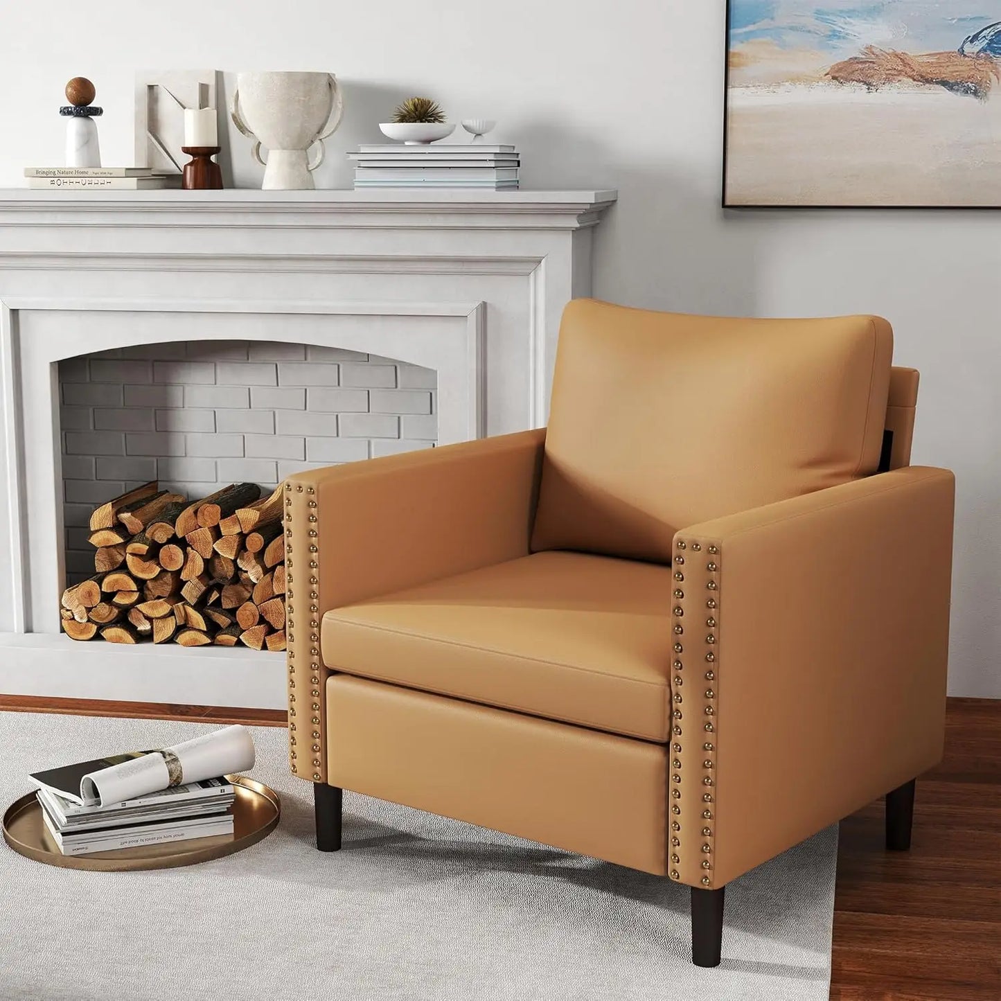 Faux Leather Accent Chair with Thick Padded Cushion