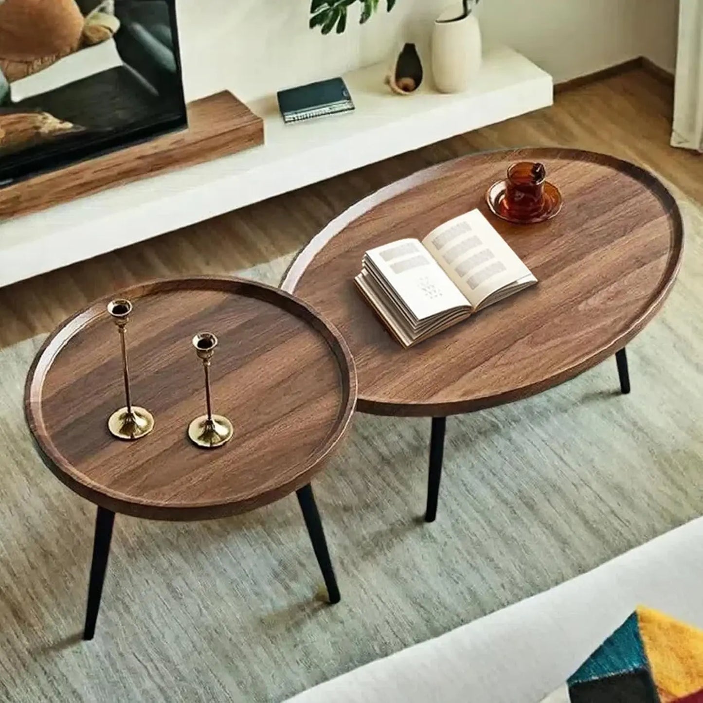 Mid-Century Modern Coffee Table, Oval + Round Side Table Set