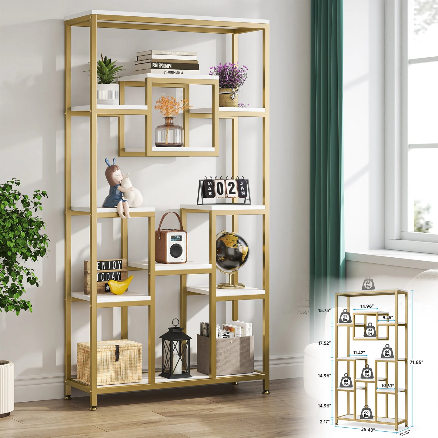 Tribesigns Modern 5 Tier Etagere Bookcase, Gold Display Rack with 8 Shelves