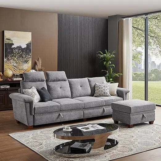 Modern Convertible L Shaped Sectional 4 Seat Sofa with Storage and Cup Holder