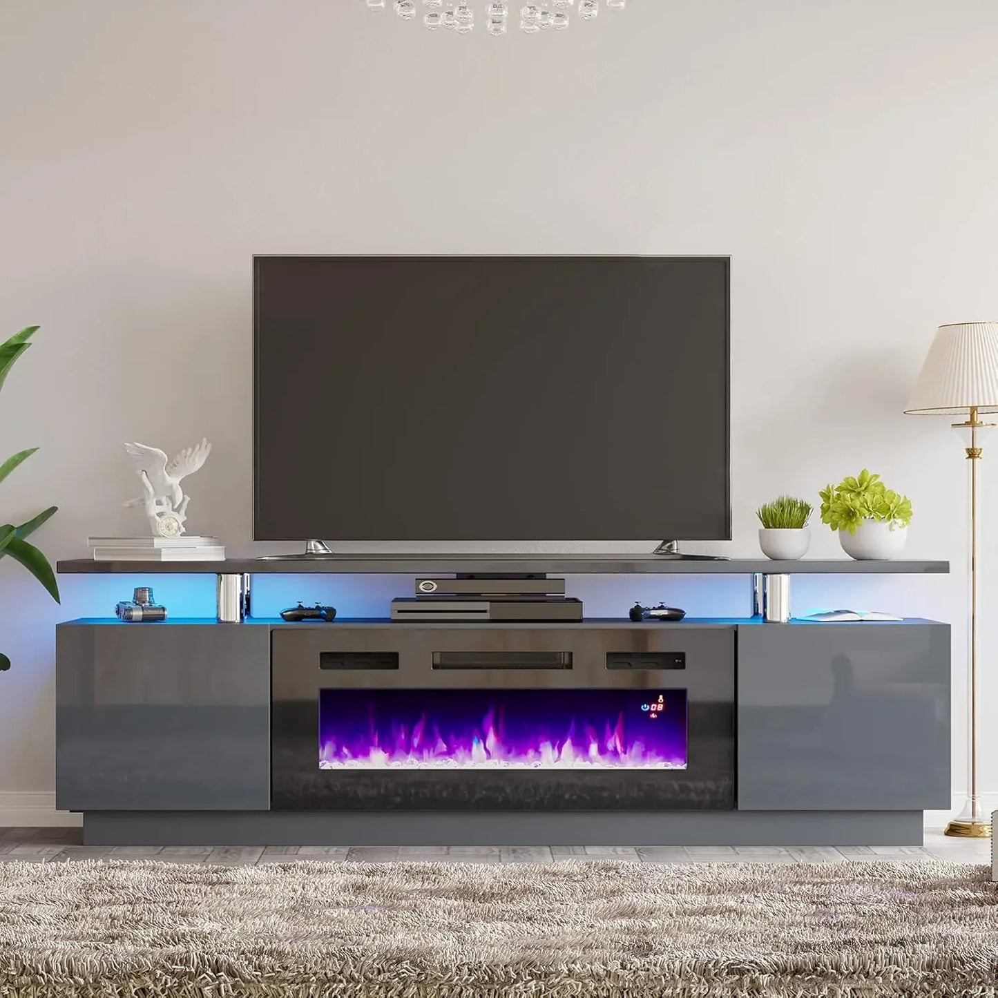 Modern High Gloss Fireplace Entertainment Center LED Lights