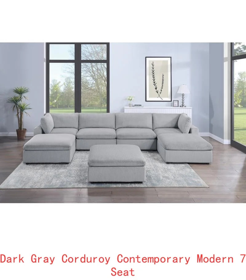 Beige 6-Piece Sectional Sofa Set with Corduroy Fabric, LAF Chair, Corner Wedge, RAF Chaise & 3 Armless Chairs