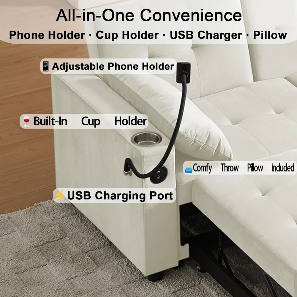 70" Queen Size Pull-out Split-Type Sofa Bed with Cup/Phone Holder and Solid Wood Frame