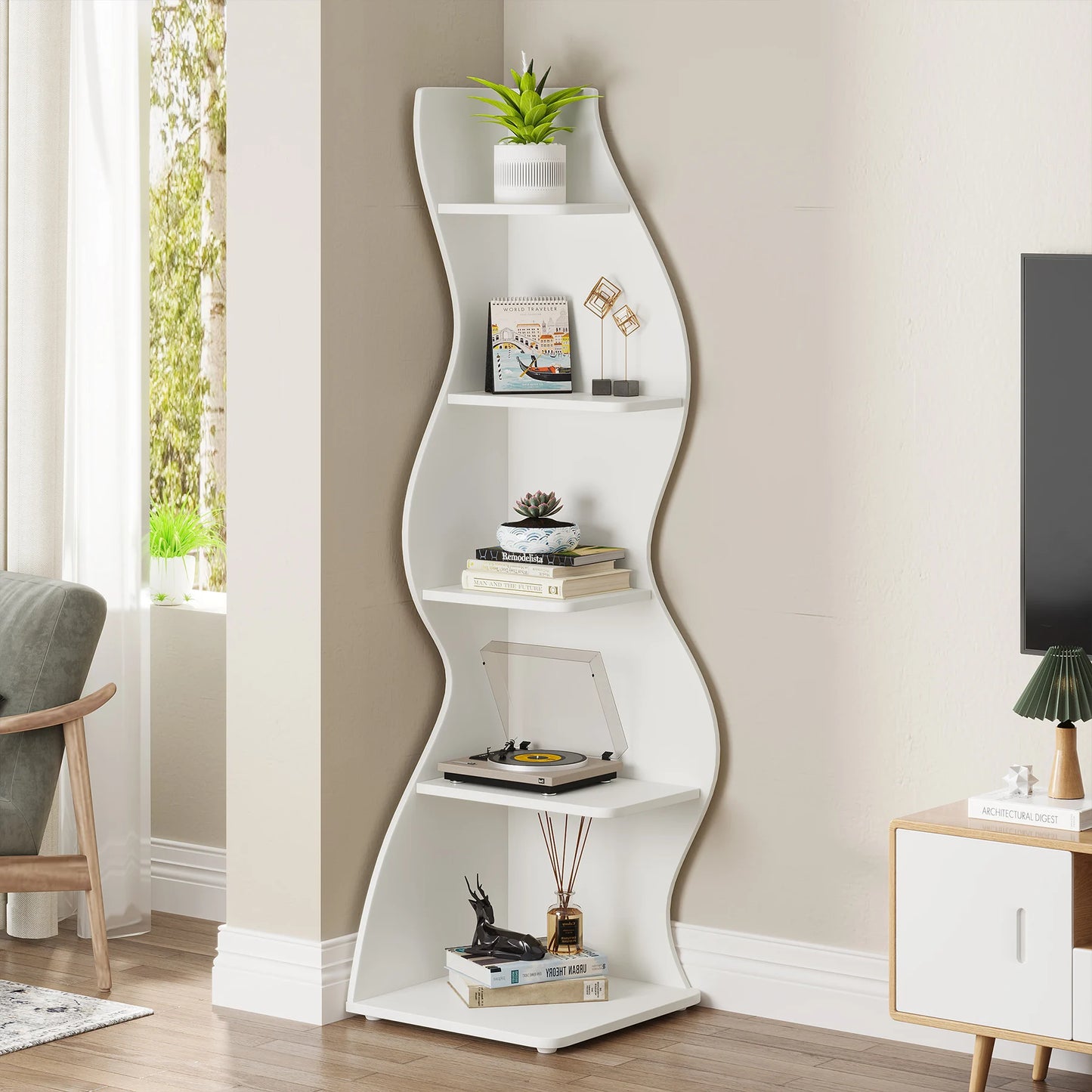 Tribesigns Modern, Wavy 5-Tier Wall Corner Bookshelf