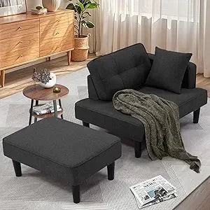 Modern Convertible Small Sectional Chaise with Ottoman & 2 Pillows