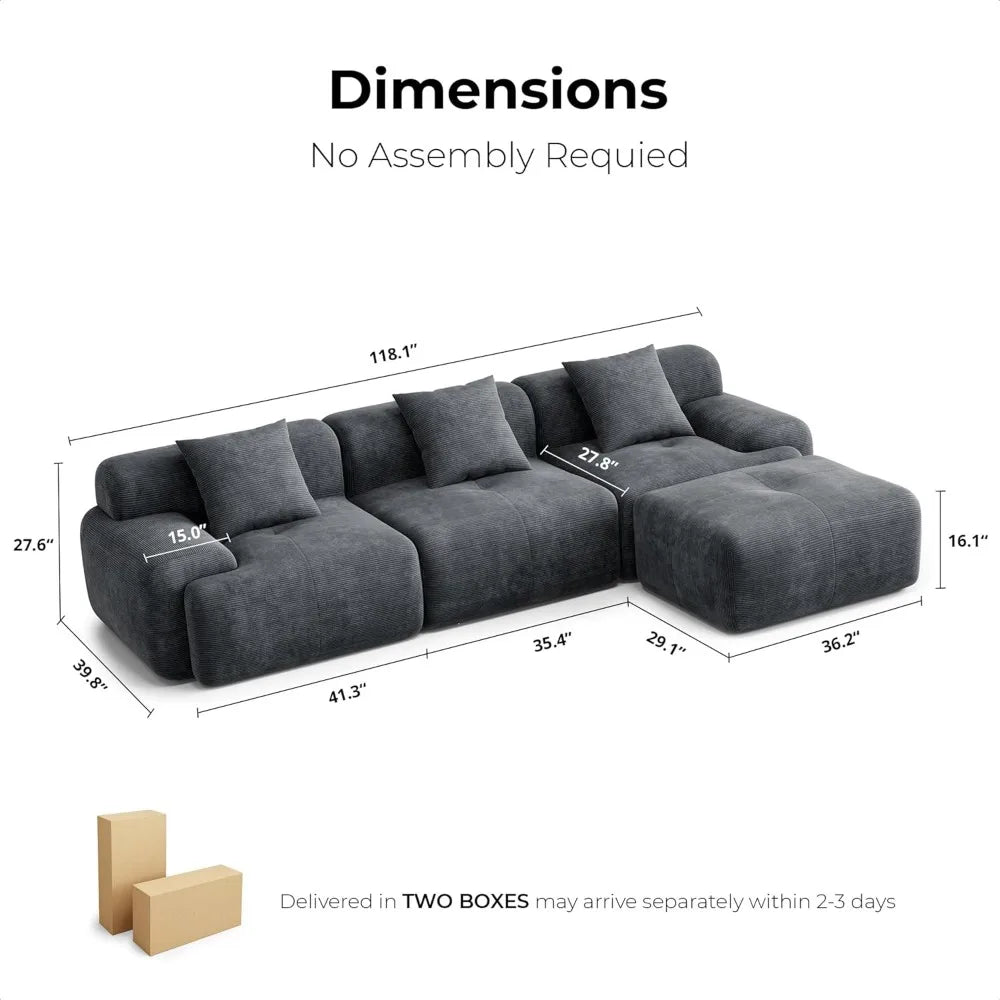118" Modern L-Shaped Modular Sectional Sofa for Living Room, Corduroy Upholstery Dark Grey, Oversized 3-Seater Couch with Deep