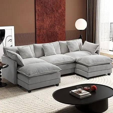 111.4" Modern 5-Seat U Shaped Chenille Deep Seat Cloud Sectional Sofa with 2 Ottoman and 5 Pillows