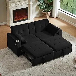 70" Queen Size Pull-out Split-Type Sofa Bed with Cup/Phone Holder and Solid Wood Frame