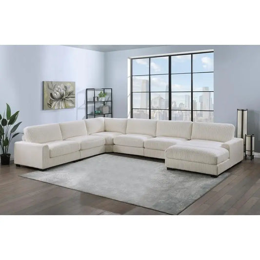 Beige 6-Piece Sectional Sofa Set with Corduroy Fabric, LAF Chair, Corner Wedge, RAF Chaise & 3 Armless Chairs