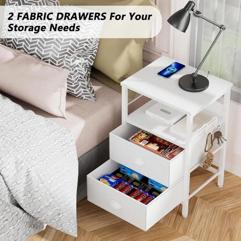End Table/Night Stand with Charging Station and Fabric Drawers