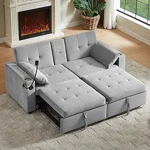 70" Queen Size Pull-out Split-Type Sofa Bed with Cup/Phone Holder and Solid Wood Frame
