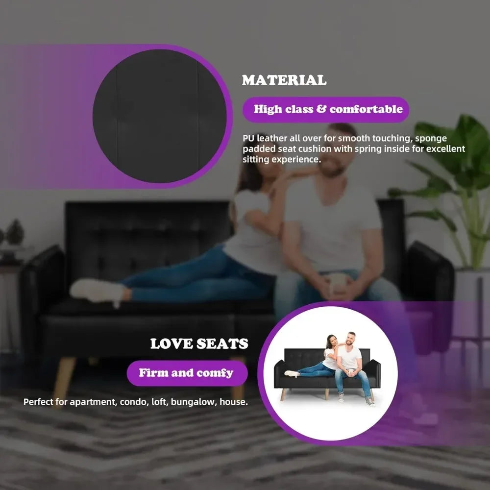 Faux Leather Convertible 65'' Folding Futon Sofa Bed w/ 2 USB, Loveseat for Small Spaces