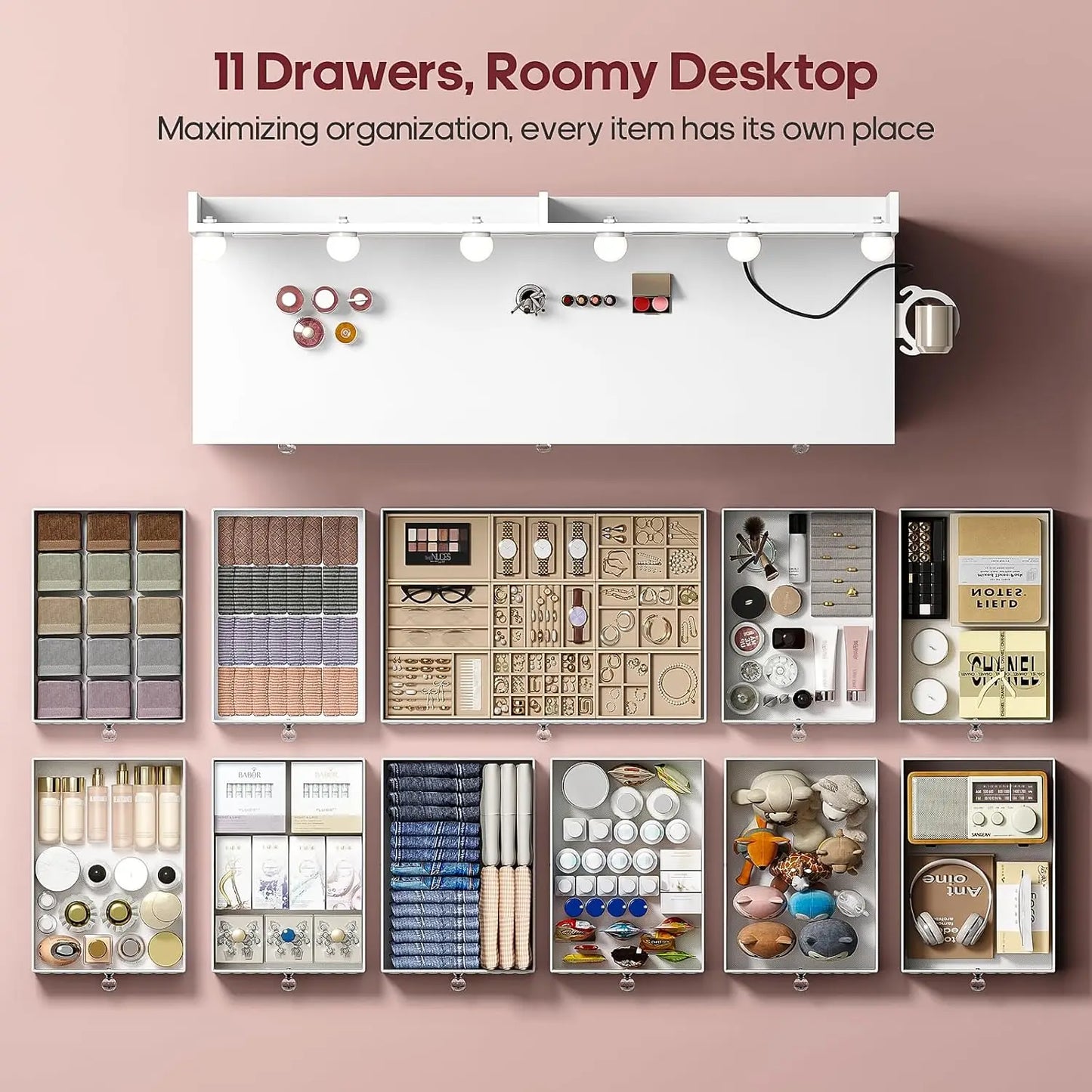 45.3" Vanity with Extra Large Mirror, Lights, Power Strip, and Storage