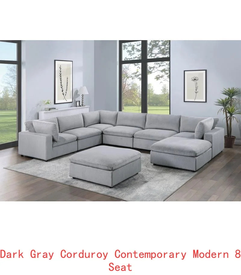 Beige 6-Piece Sectional Sofa Set with Corduroy Fabric, LAF Chair, Corner Wedge, RAF Chaise & 3 Armless Chairs