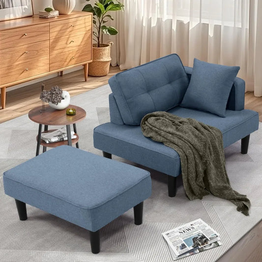 Modern Convertible Small Sectional Chaise with Ottoman & 2 Pillows