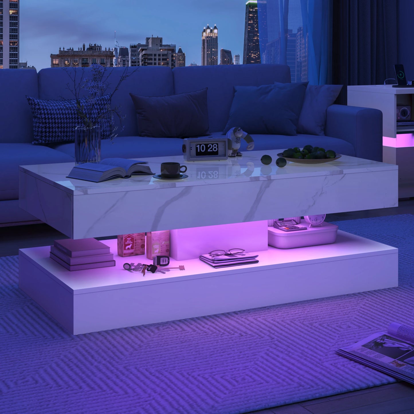 Modern Stylish Coffee Table with LED lights and 2 Storage Drawers