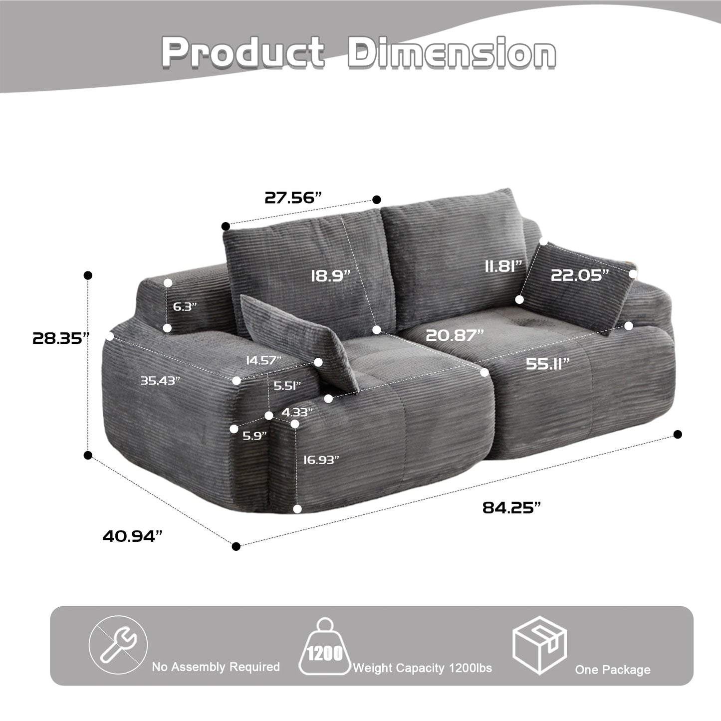 Modern Memory Foam Compressed 2-Seater Corduroy Sofa with No Assembly