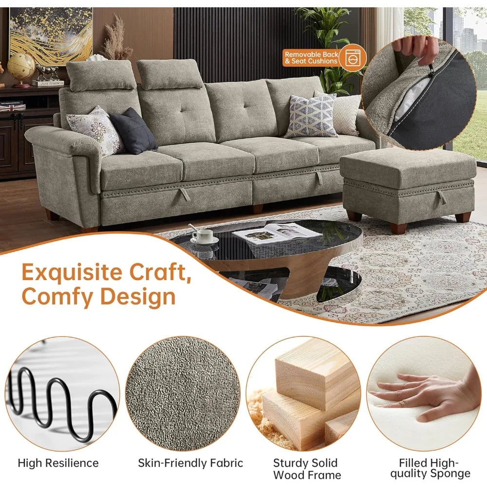 Modern Convertible L Shaped Sectional 4 Seat Sofa with Storage and Cup Holder