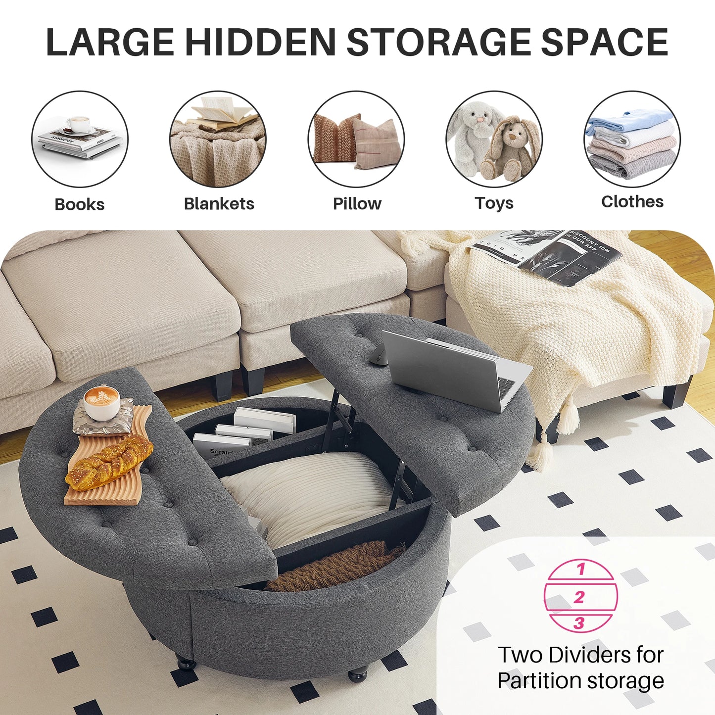 Redlife Upholstered 35" Round Storage Coffee Table