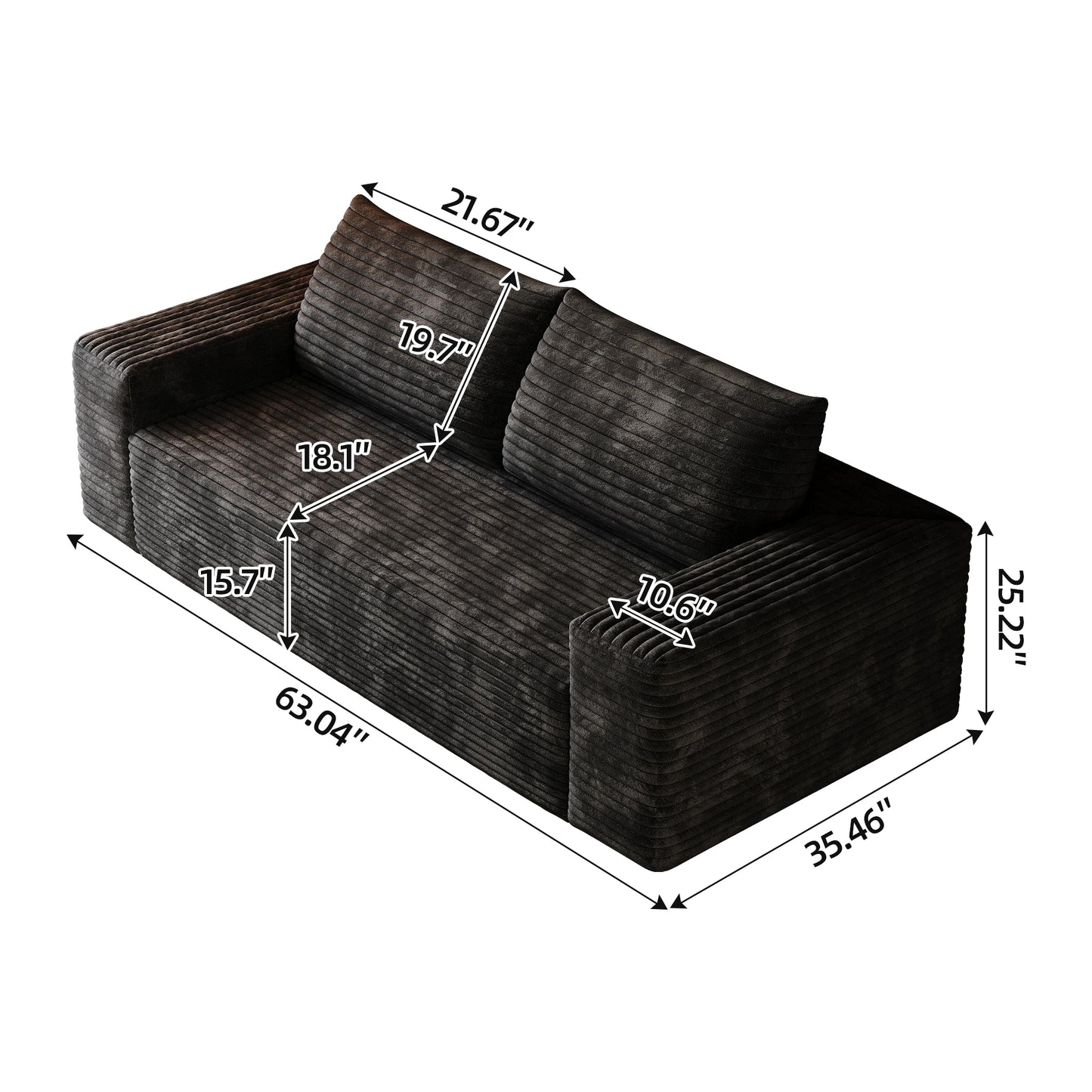 63" Modular Loveseat, with Deep Seats, Corduroy Fabric and No Assembly Required