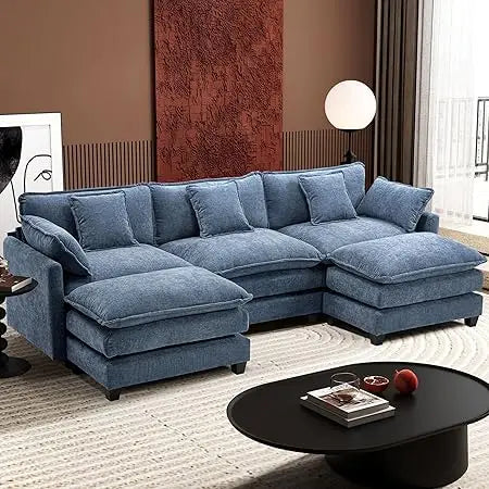 111.4" Modern 5-Seat U Shaped Chenille Deep Seat Cloud Sectional Sofa with 2 Ottoman and 5 Pillows