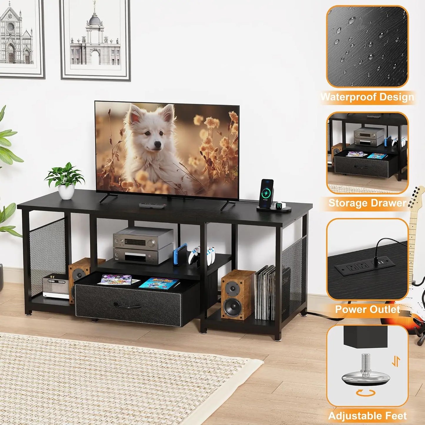 Curved Electric Fireplace Media Center TV Stand with Glass Door