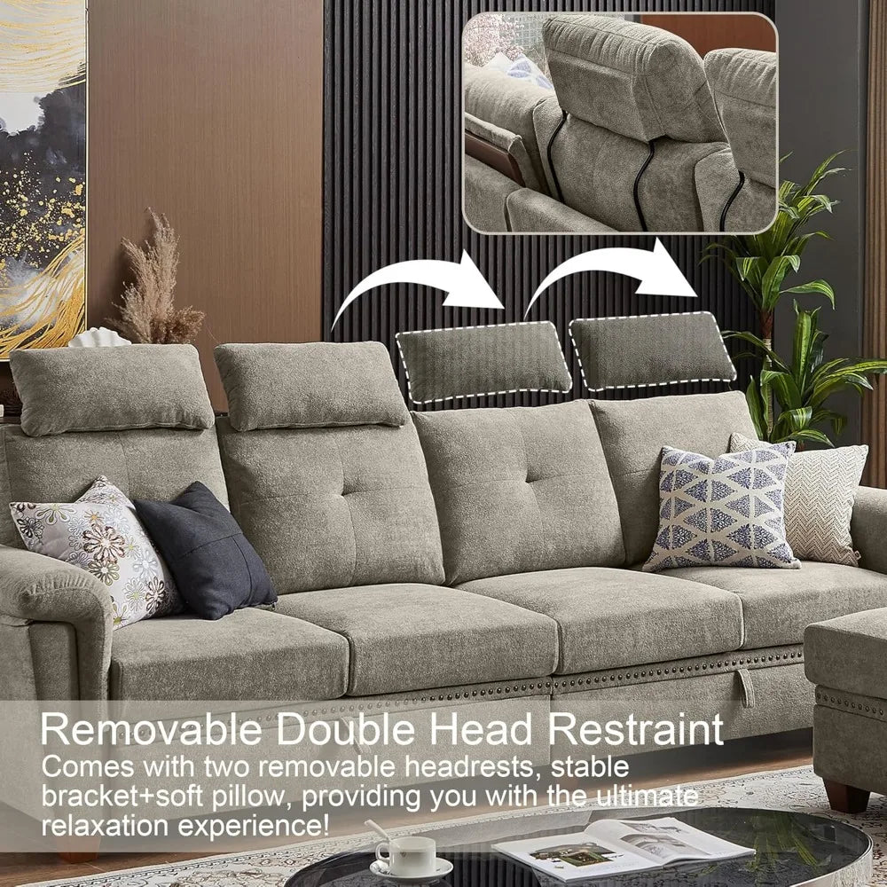 Modern Convertible L Shaped Sectional 4 Seat Sofa with Storage and Cup Holder