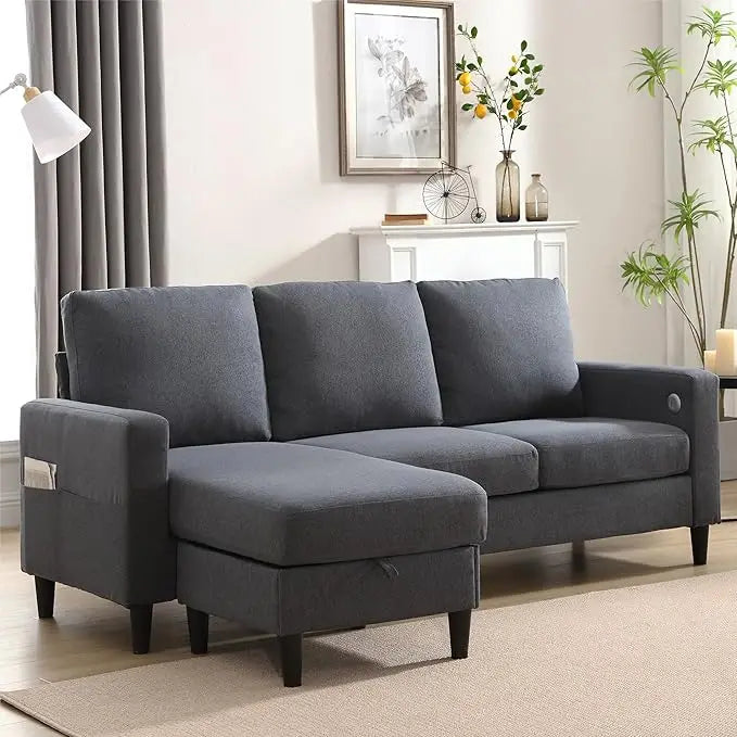 L-Shaped Convertible Sectional Couch with Storage Chaise & 2 Cup Holders