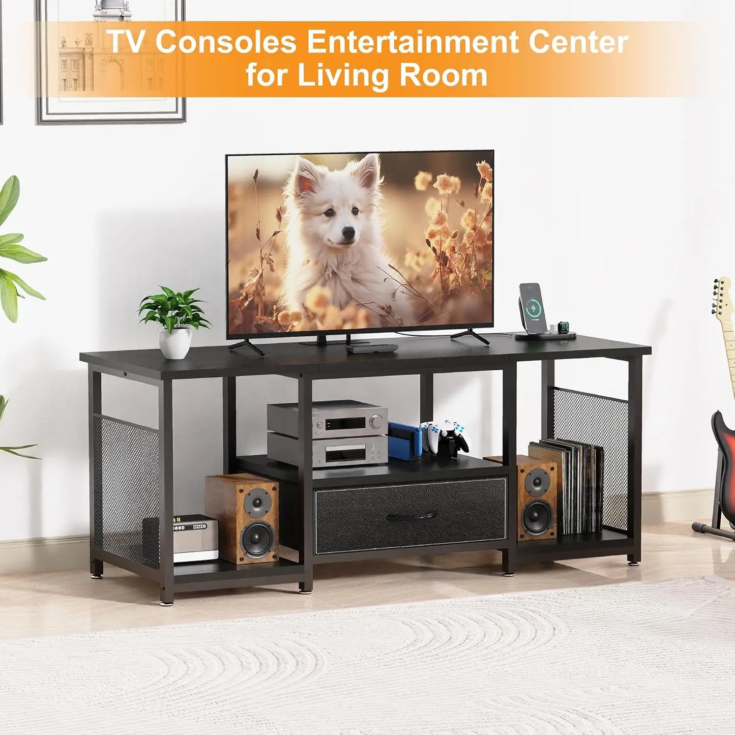 Curved Electric Fireplace Media Center TV Stand with Glass Door