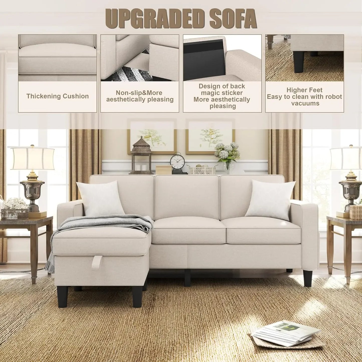 78" ZeeFu Convertible L-shaped Sectional Sofa with Storage Ottoman