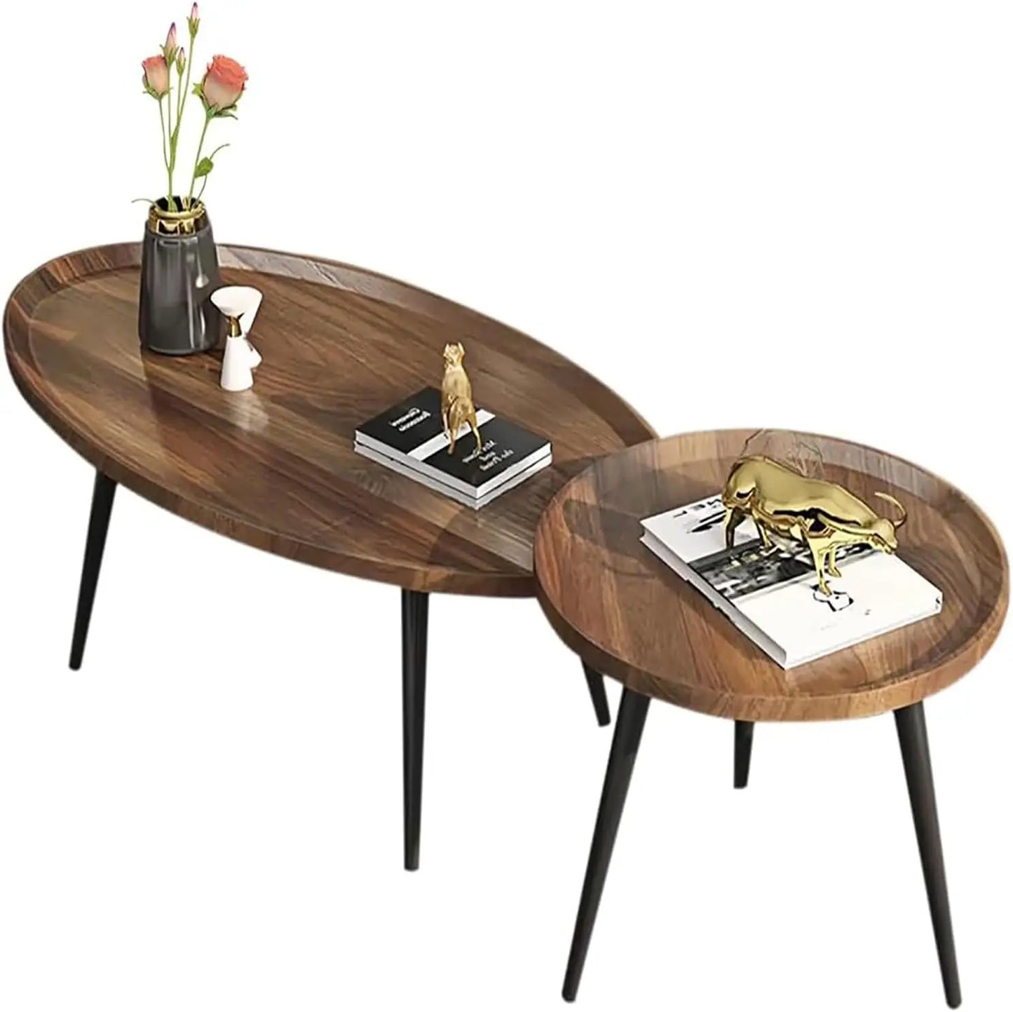 Mid-Century Modern Coffee Table, Oval + Round Side Table Set