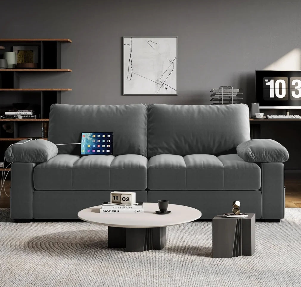79" Oversized Modern Velvet Sofa Couch with Removable Covers, USB Ports and Storage Pockets