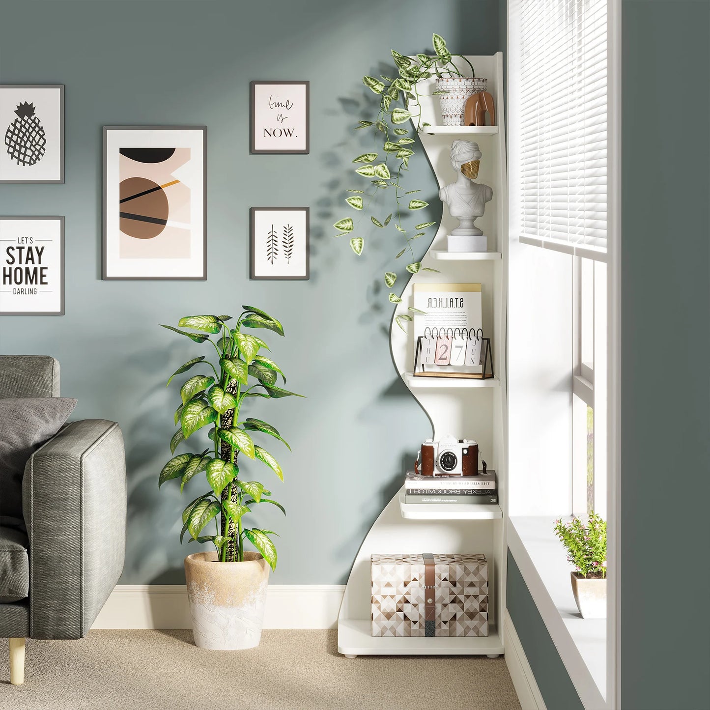Tribesigns Modern, Wavy 5-Tier Wall Corner Bookshelf