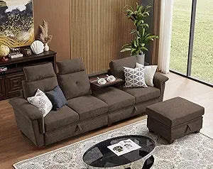 Modern Convertible L Shaped Sectional 4 Seat Sofa with Storage and Cup Holder