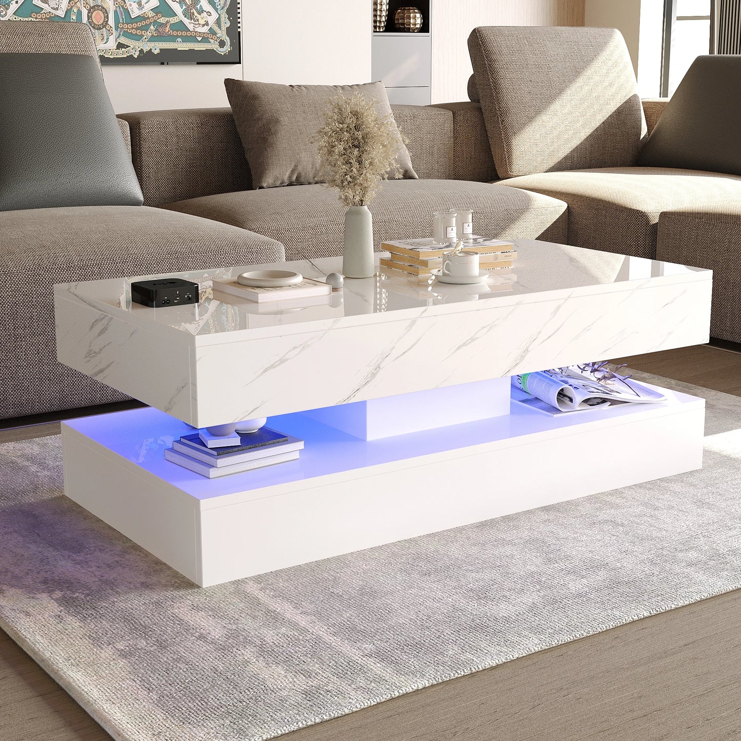 Modern Stylish Coffee Table with LED lights and 2 Storage Drawers