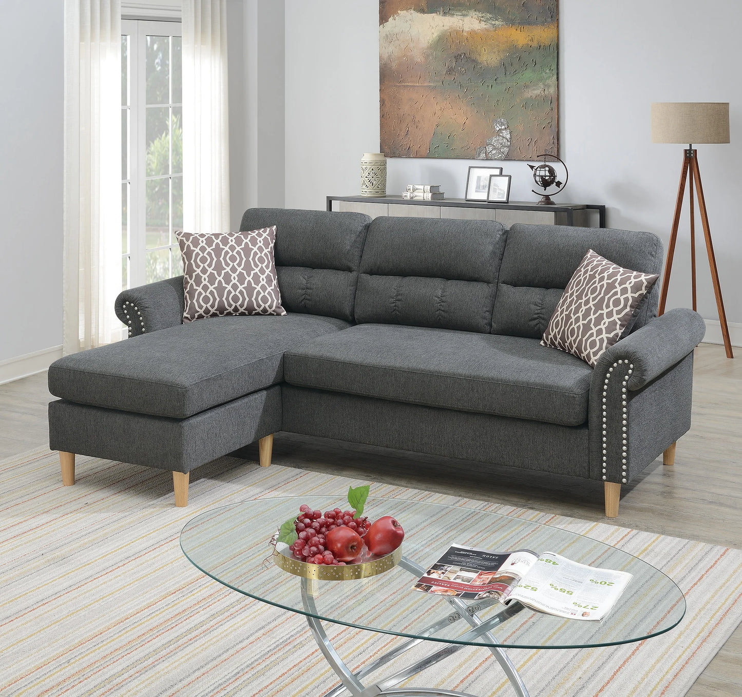 Polyfiber Reversible Sectional Sofa with Chaise and Pillows