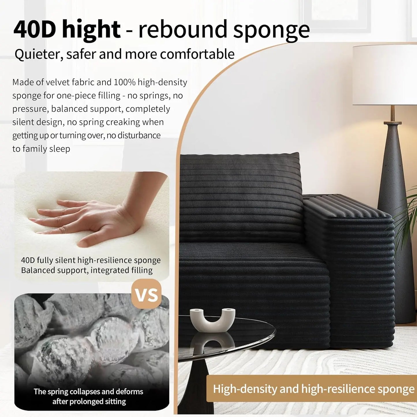 63" Modular Loveseat, with Deep Seats, Corduroy Fabric and No Assembly Required