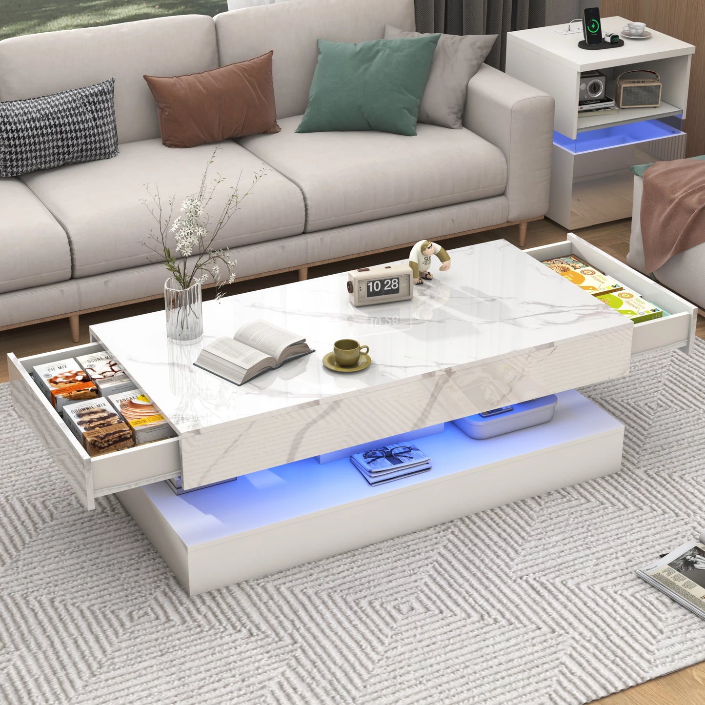 Modern Stylish Coffee Table with LED lights and 2 Storage Drawers
