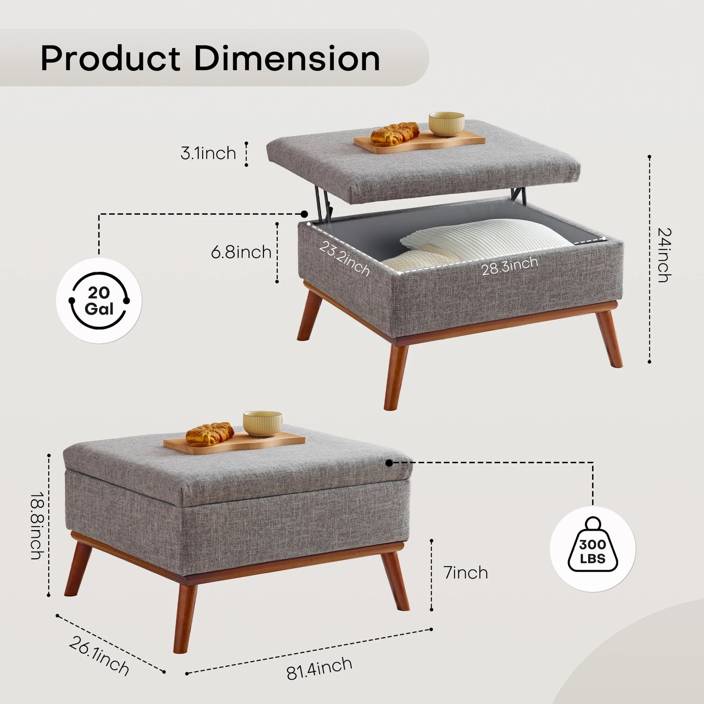 Redlife Large Storage Ottoman / 31.4 inch Lift Top Large Coffee Table