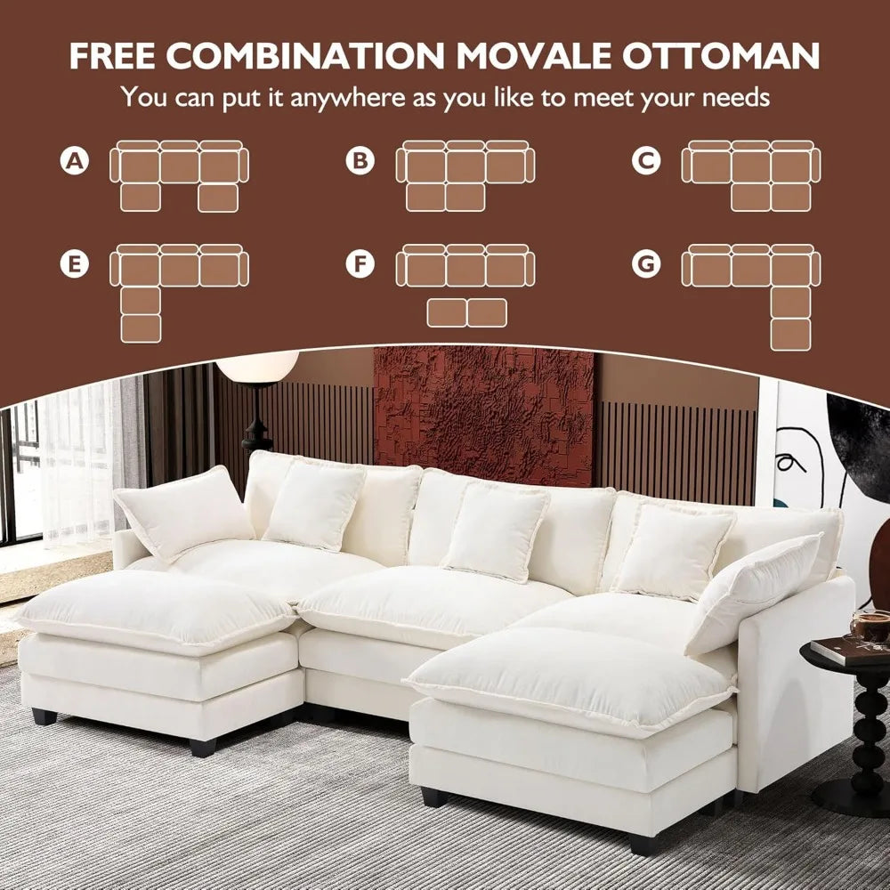 111.4" Modern 5-Seat U Shaped Chenille Deep Seat Cloud Sectional Sofa with 2 Ottoman and 5 Pillows