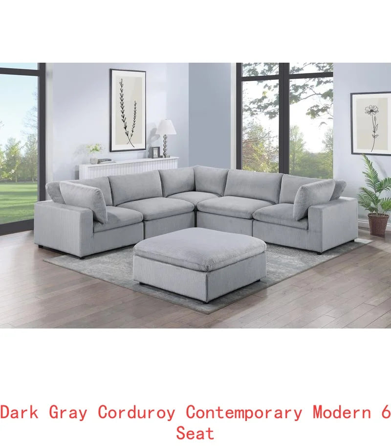 Beige 6-Piece Sectional Sofa Set with Corduroy Fabric, LAF Chair, Corner Wedge, RAF Chaise & 3 Armless Chairs