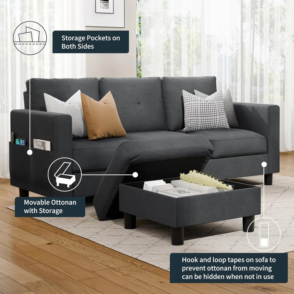 L-Shaped Convertible Sectional Sofa with Reversible Chaise & Ottoman Storage