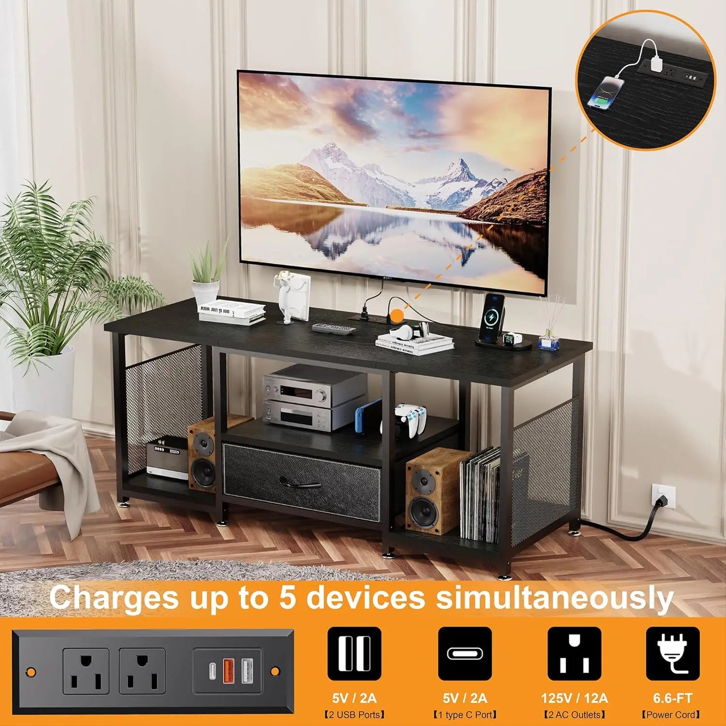 Curved Electric Fireplace Media Center TV Stand with Glass Door